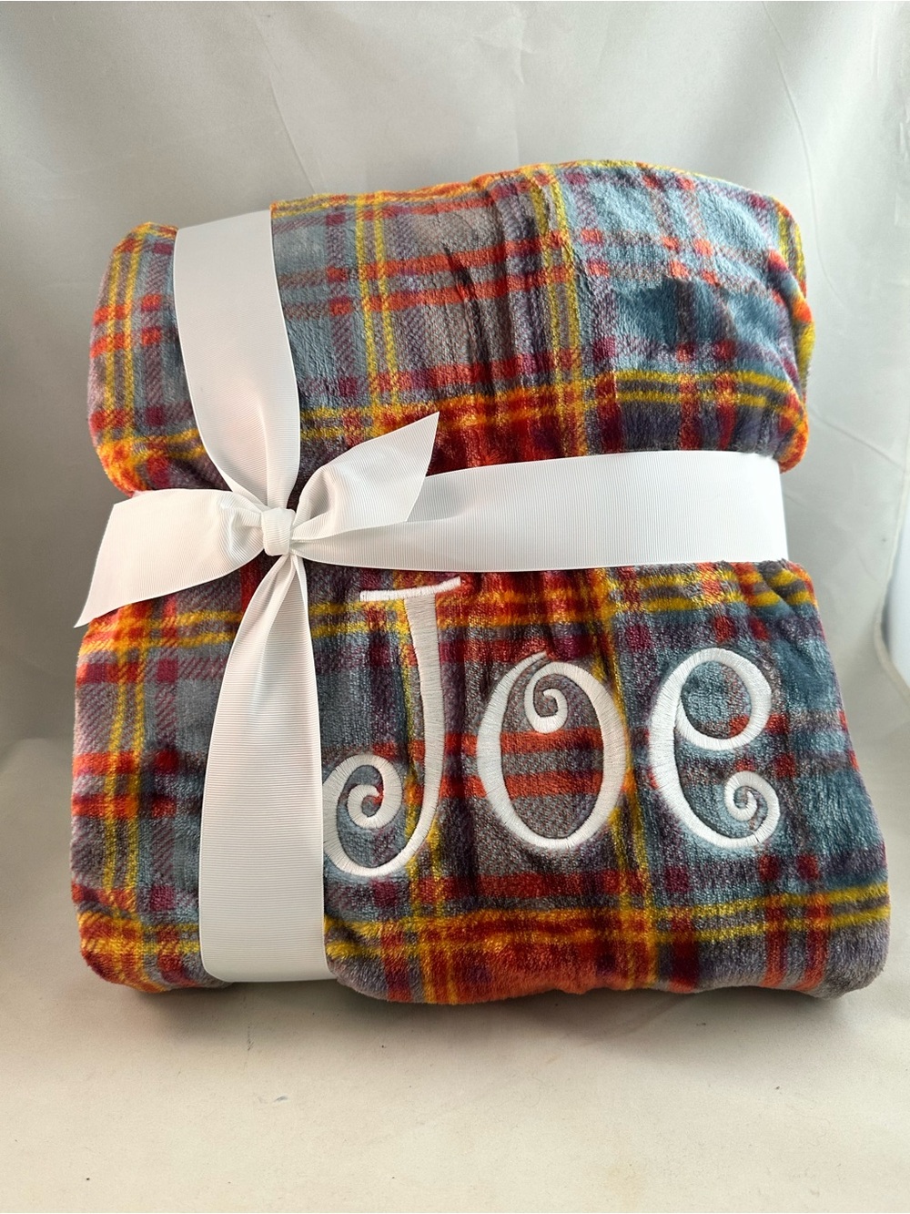 Home Expressions Velvet Plush Throw - Multicolor Plaid - Embroidered “Joe”